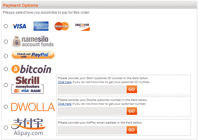 Namesilo域名转入图文教程(图4) 选择支付方式