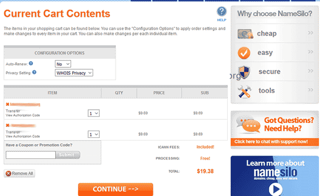 Namesilo域名转入图文教程(图3) 设置域名的选项和核对费用