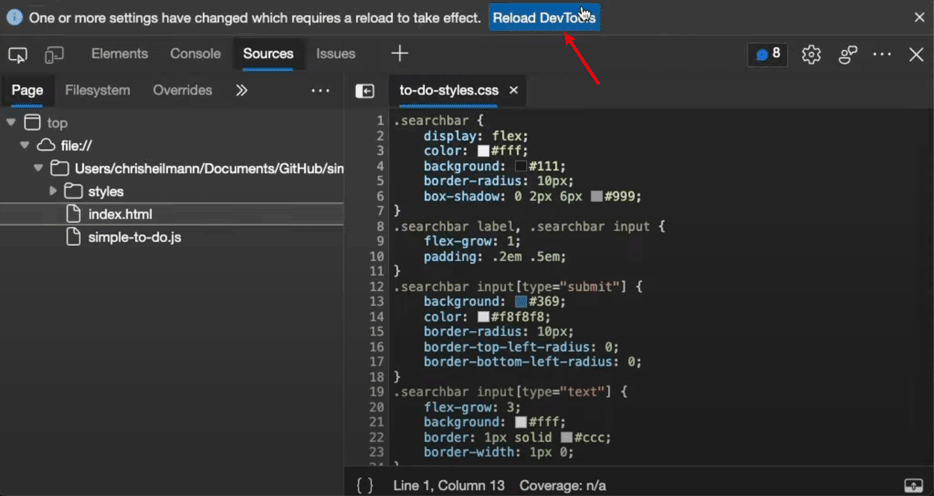 Edge浏览器开发者工具代码修改同步到Vscode中(图7) 重启DevTools