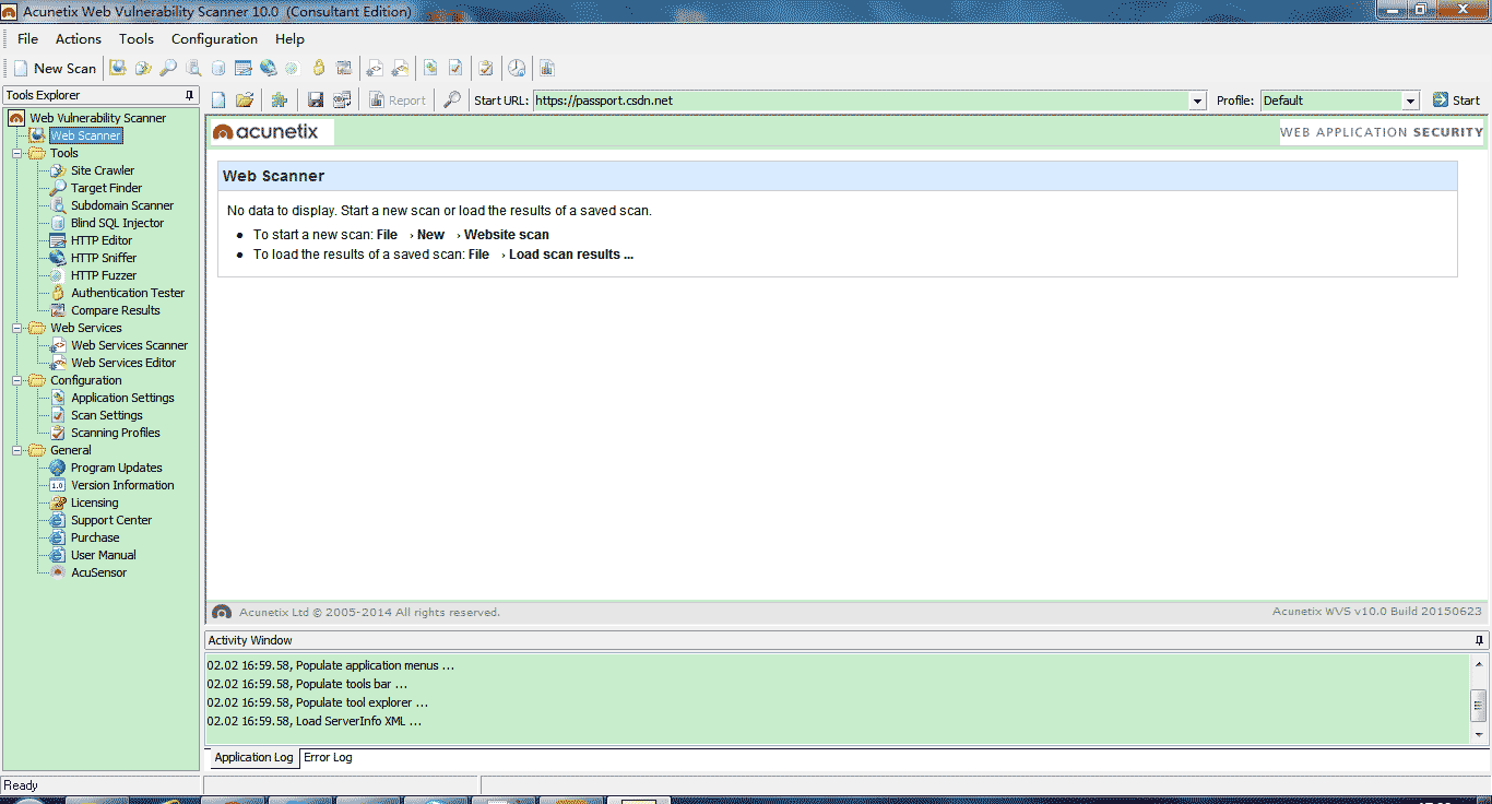 安全测试工具AWVS(acunetix web vulnerability scanner)的使用方法(图1) 打开应用,出现如图所示界面