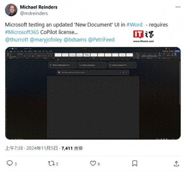 微软Word邀测新Copilot界面:打开文件后默认提供多项AI功能(图1)