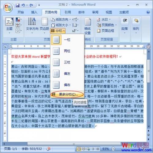 Word2007设置分栏效果
