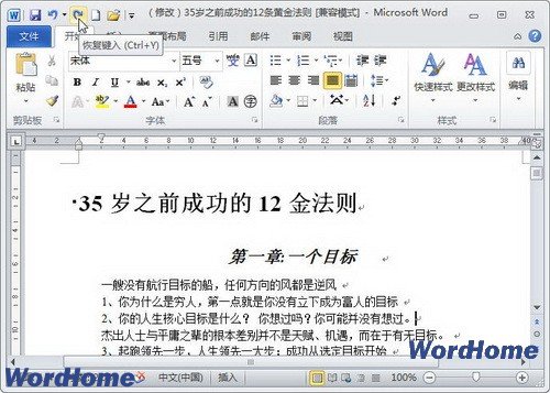 怎样在Word2010中使用撤销键入或恢复键入功能