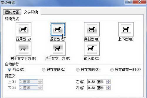 “文字环绕”选项卡